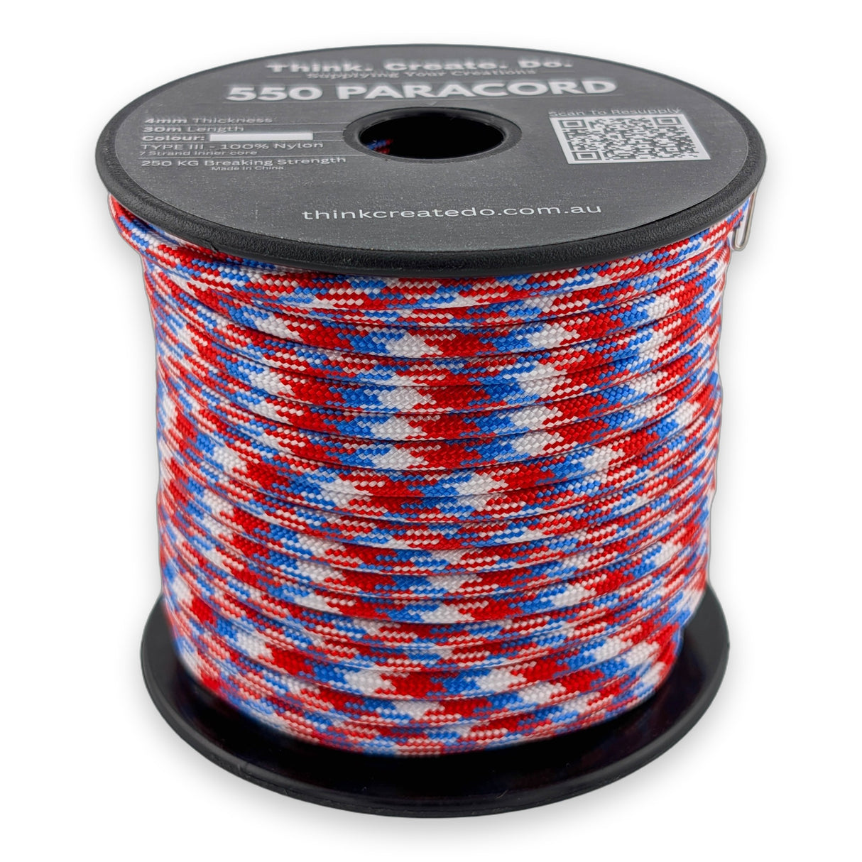 Red White Blue Paracord 550 — 4mm Type III nylon spool, red, white and blue block camo pattern, 7-strand core