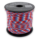 Red White Blue Paracord 550 — 4mm Type III nylon spool, red, white and blue block camo pattern, 7-strand core