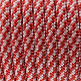 Close-up of the woven sheath on Red White Spiral Paracord 550, showing 4mm braid