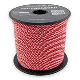 Red White Spiral Paracord 550 — 4mm Type III nylon spool, red and white woven in a tight diagonal spiral, 7-strand core