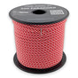 Red White Spiral Paracord 550 — 4mm Type III nylon spool, red and white woven in a tight diagonal spiral, 7-strand core