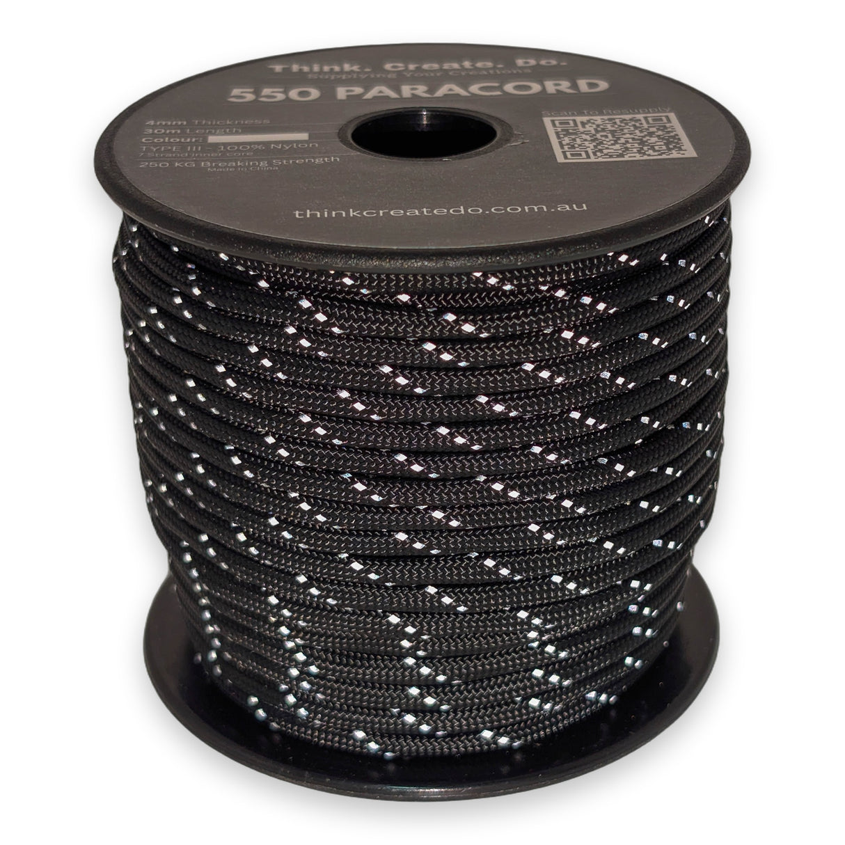 Reflective Black Paracord 550 reflective tracer illuminated under torchlight