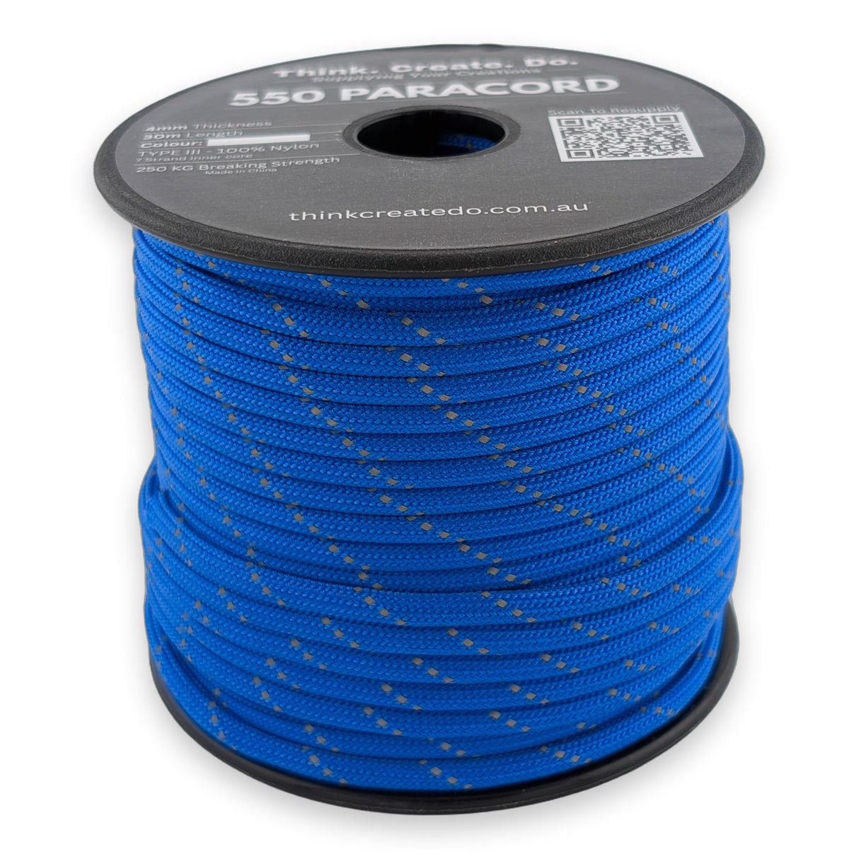 Reflective Blue Paracord 550 — 4mm Type III nylon spool, 7-strand core