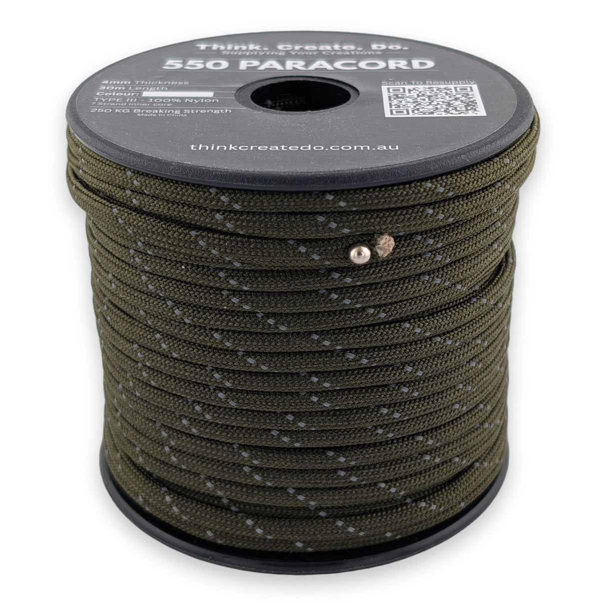 Reflective Olive Paracord 550 — 4mm Type III nylon spool, 7-strand core