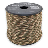 Sand Jungle Paracord 550 — 4mm Type III nylon spool, sand and tan base with woodland-green flecks, 7-strand core