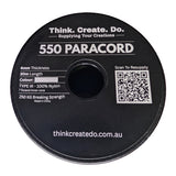 Paracord 550 spool label — specifications and QR resupply code