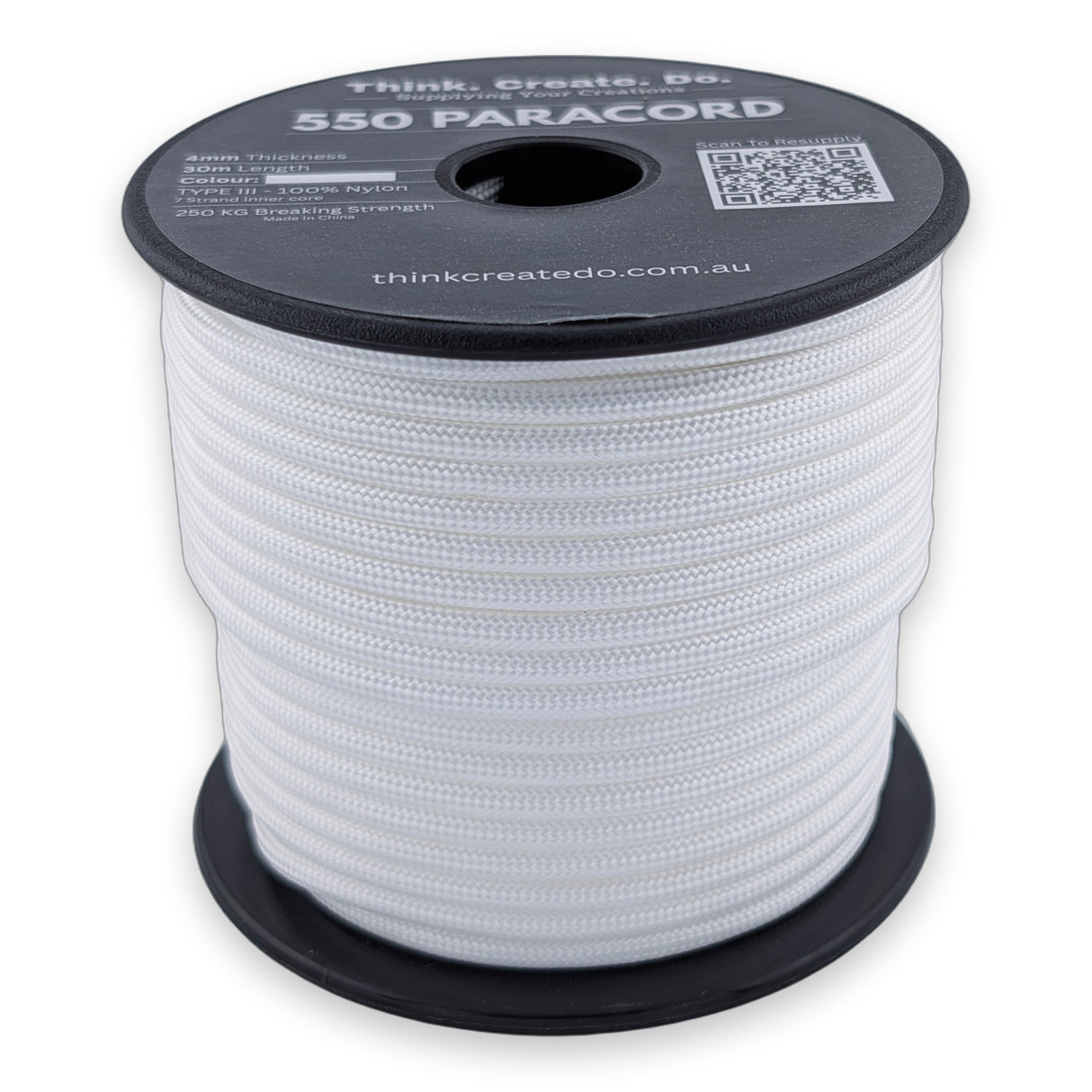 White Paracord 550 — 4mm Type III nylon spool, 7-strand core