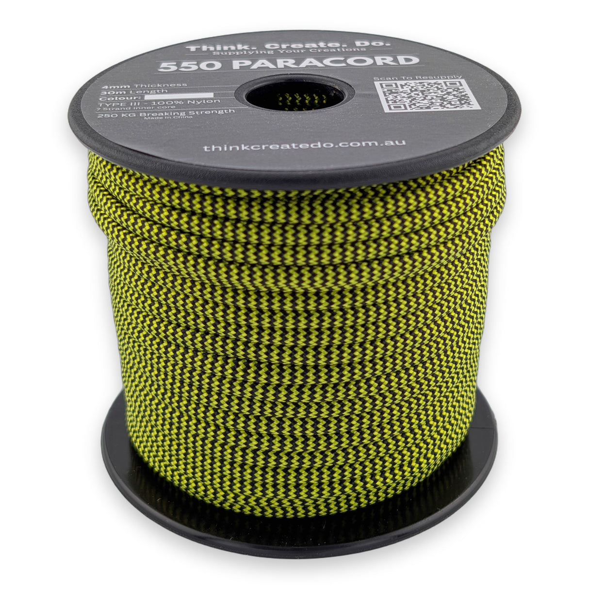 Yellow Bee Paracord 550 — 4mm Type III nylon spool, bright yellow with sharp black hi-vis stripes, 7-strand core