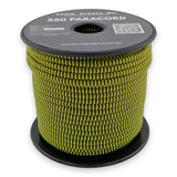 Yellow Bee Paracord 550 — 4mm Type III nylon spool, bright yellow with sharp black hi-vis stripes, 7-strand core