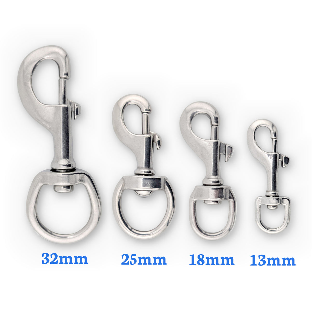 Stainless steel swivel bolt snaps in 32mm, 25mm, 18mm and 13mm sizes