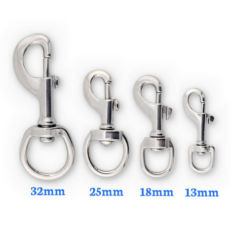 Stainless steel swivel bolt snaps in 32mm, 25mm, 18mm and 13mm sizes